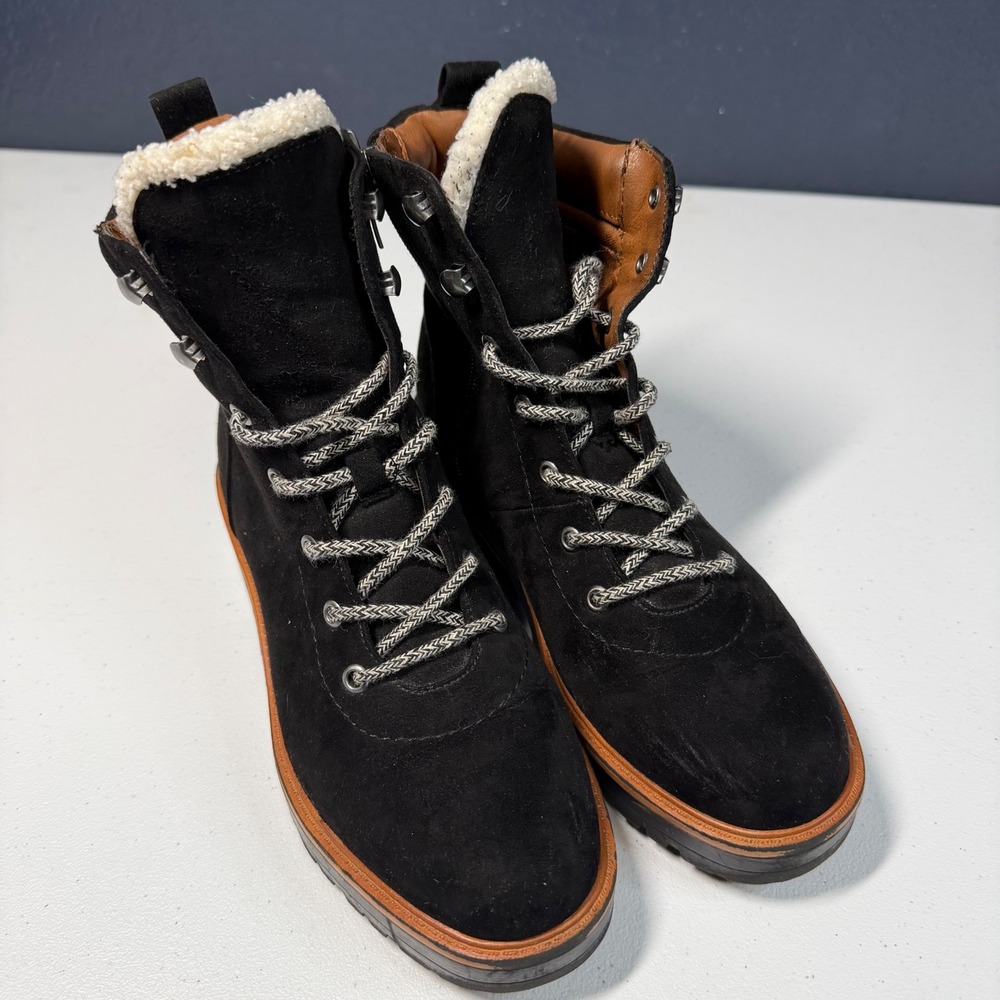 Marc Fisher Incline Combat Boots 6M Black Faux Fur Trim Lug Sole‎